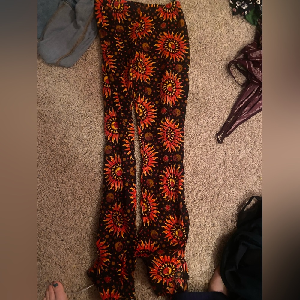Bohemian Black and Orange sun flower flare pants